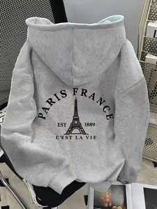 Unisex Light Gray Hoodie with Paris France Back Print and Eiffel Tower Design, French Vintage Streetwear for Casual Daily Wear and Urban Fashion
