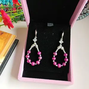 Purple Pearl Earrings, Lucky 7 Edison Pearls For Each Hoop with Cubic Zirconia, 925 Silver