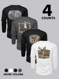 Men's Letter & Bird Print Round Neck Long Sleeve Tee, Casual Letters Print, Regular Fit Casual Graphic T-shirt for Fall & Winter, Men's Top for Daily Wear