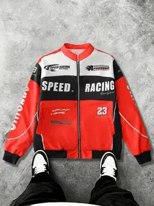 Men's Red Black Racing Bomber Jacket, Coats with Full Print Design, Streetwear Motorsport Style Windbreaker for Casual Summer & Street Outfits, Spring Sale 2026, Zipper Front Closure #springsaledeals2026 #summeroutfits #colorblockjacket #motorsport