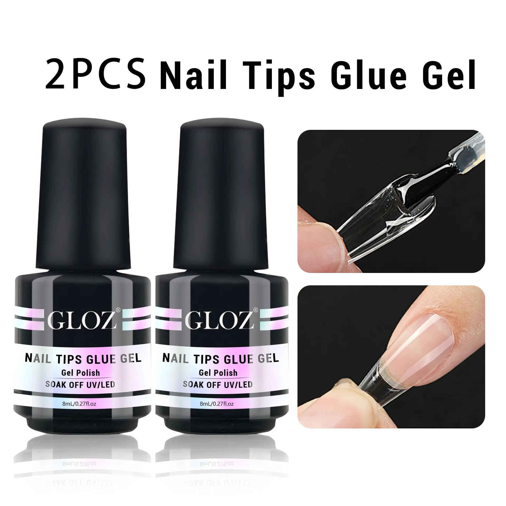 GLOZ 2Pcs 8ml Brush On Nail Glue, Extra Strong & Quick Dry Adhesive for Press On Nails, Acrylic Nails & Nail Tips, Long Lasting Professional False Nail Bond Glue