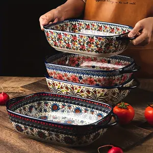 13+9 Inch 2pcs Ceramic Baking Dish Set | Over Sized Oval Roaster with Handles | Full-Coverage Vintage Bohemian Style | Dishware & Oven & Microwave Safe | Stackable Casserole Dish for Party, Easy Clean And Non-Stick Glaze, Elegant Gift