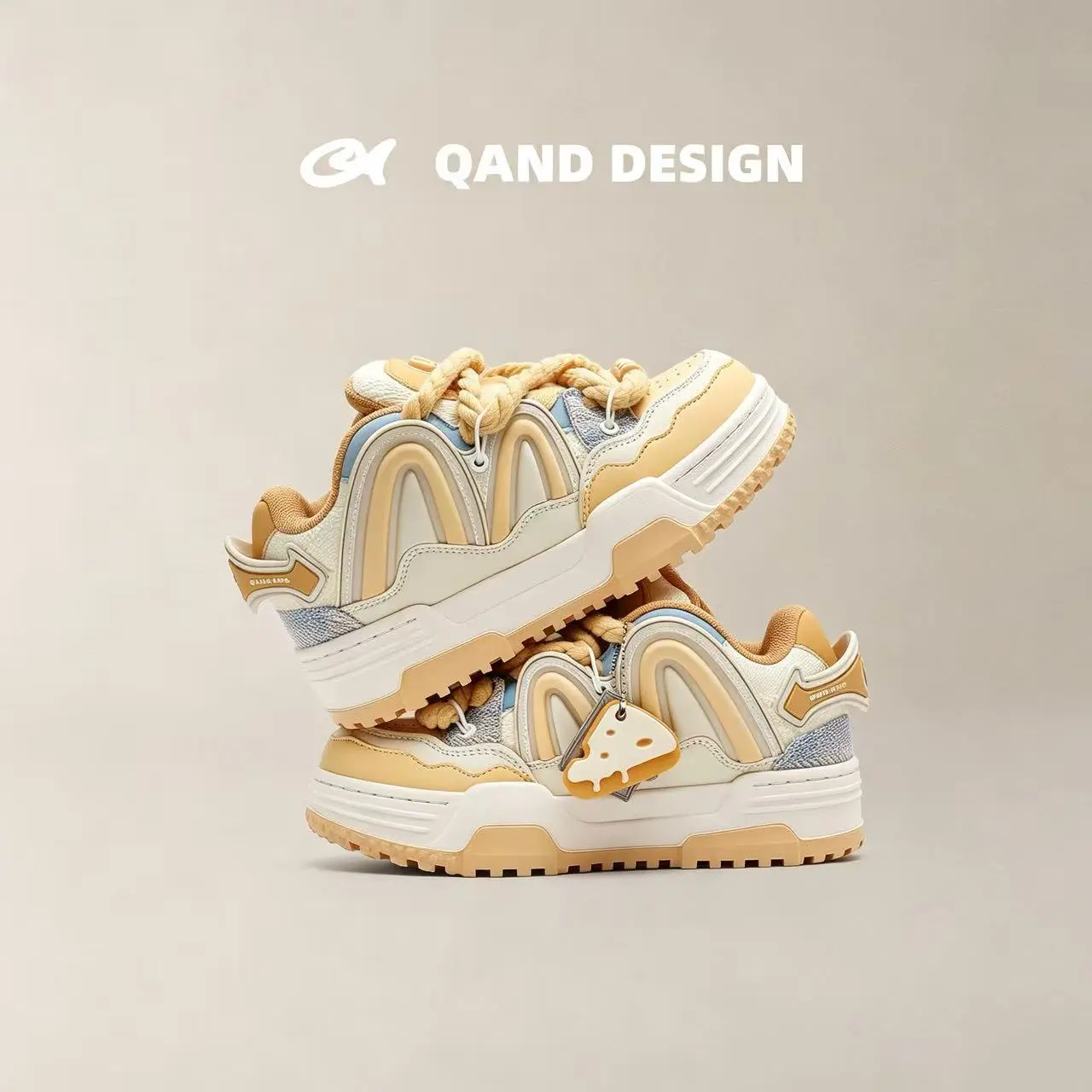Q-AND 2026 New Cheese Yellow Women's Low Top Casual Sneakers - Thick Rope Laces, Cheese Pendant Decor, Trendy Chunky Trainers, Footwear, Low Top Trainer, Shoes, Walking Shoes, Sneaker Trainer, Shoes For Women 2026
