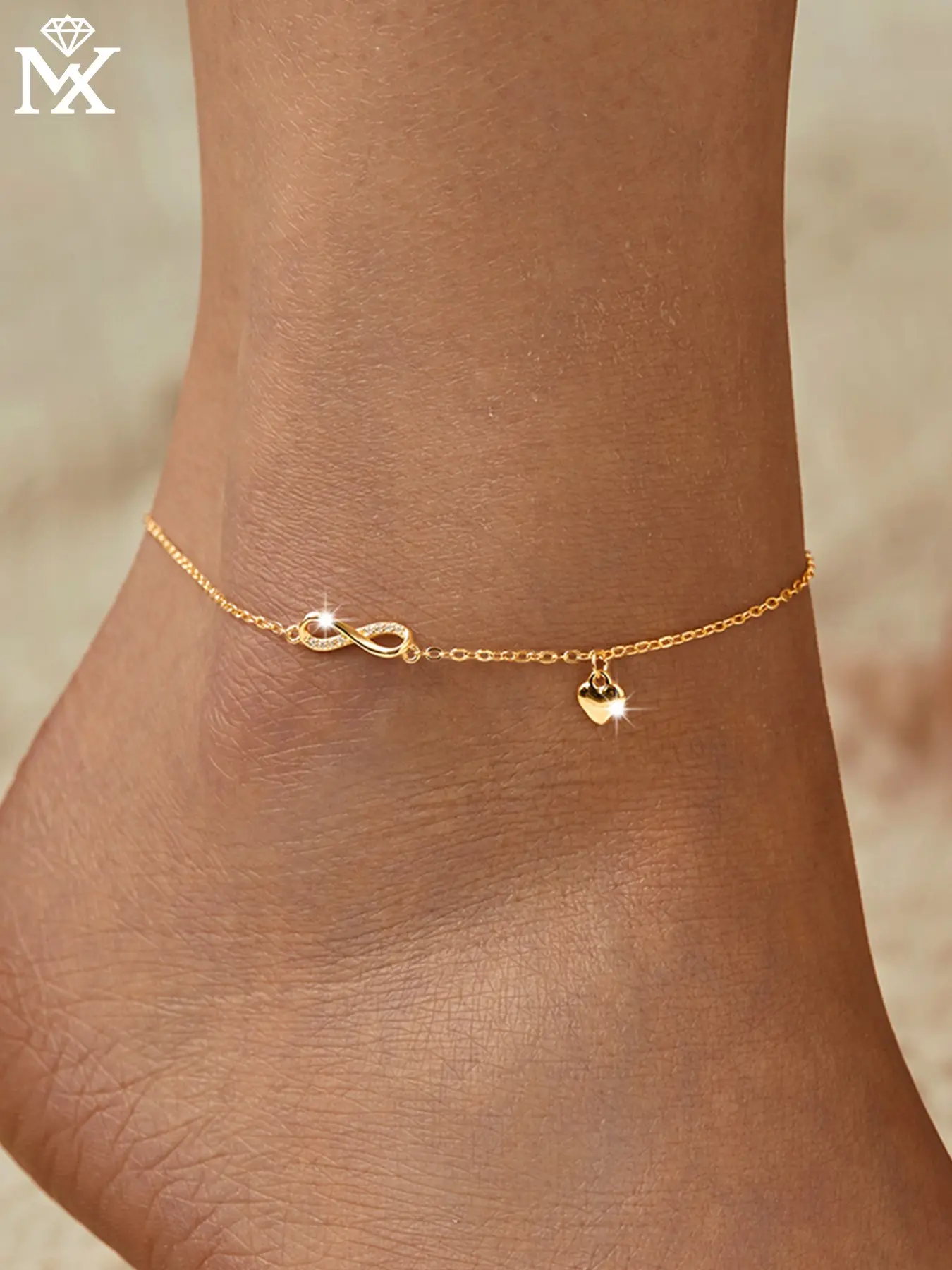 Cute Sterling Silver Heart Shaped Anklet with Artificial Zircon Heart Pendant, Elegant Summer Vacation Jewelry for Valentine's Day, Infinity Symbol, Anklets Jewelry, Foot Jewelry