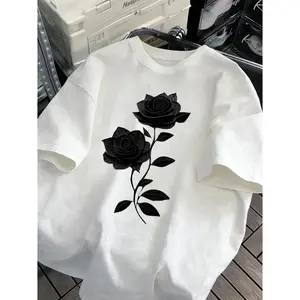 Womens Cotton Short Sleeve T Shirt White Black Rose Graphic Floral Top Soft Breathable Casual Streetwear Cute Aesthetic Everyday Outfit For Summer Vacation
