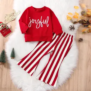 Baby Girls Christmas Clothes Set Long Sleeve Round Neck Christmas Letters Print T Shirt and Bell-Bottoms Trousers
