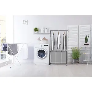 3 Bags Laundry Sorter with Extensible Clothes Hanging Rod