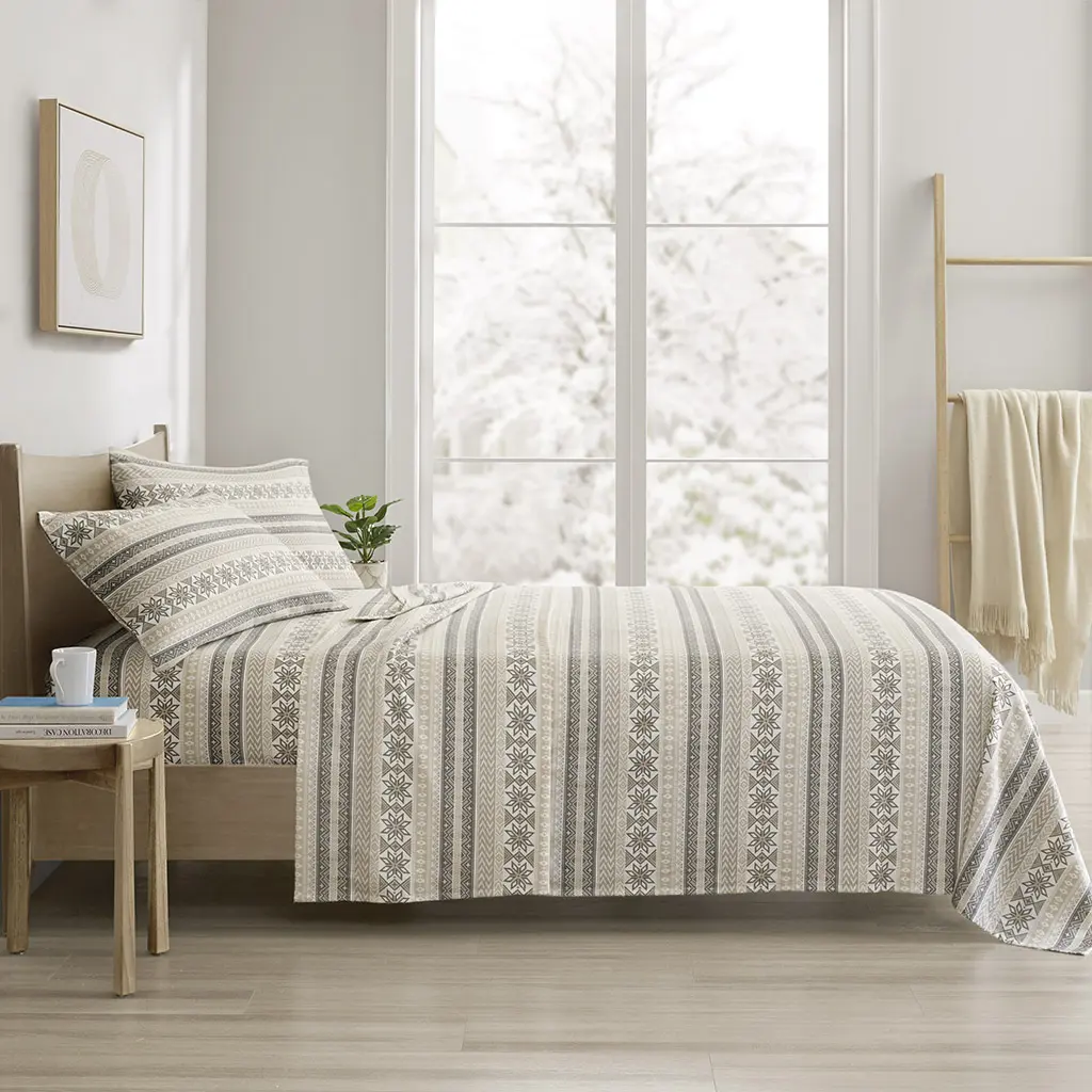 True North by Sleep Philosophy TN20-0517 66 x 102 x 0.13 in. Cozy Cotton Flannel Printed Sheet Set, Gray & Taupe Nordic - Twin Extra Large, Bedroom Bedding Set, Bedsheet Sets