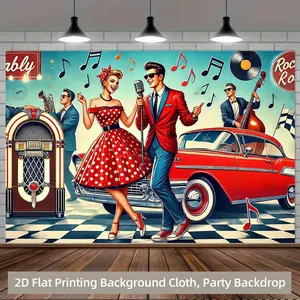 1PC Polyester Reusable 2D Flat Retro 50s Rock Backdrop Banner - Firework, Birthday Party Decoration Supplies for American Retro Dance Parties, Rock Photo Sessions