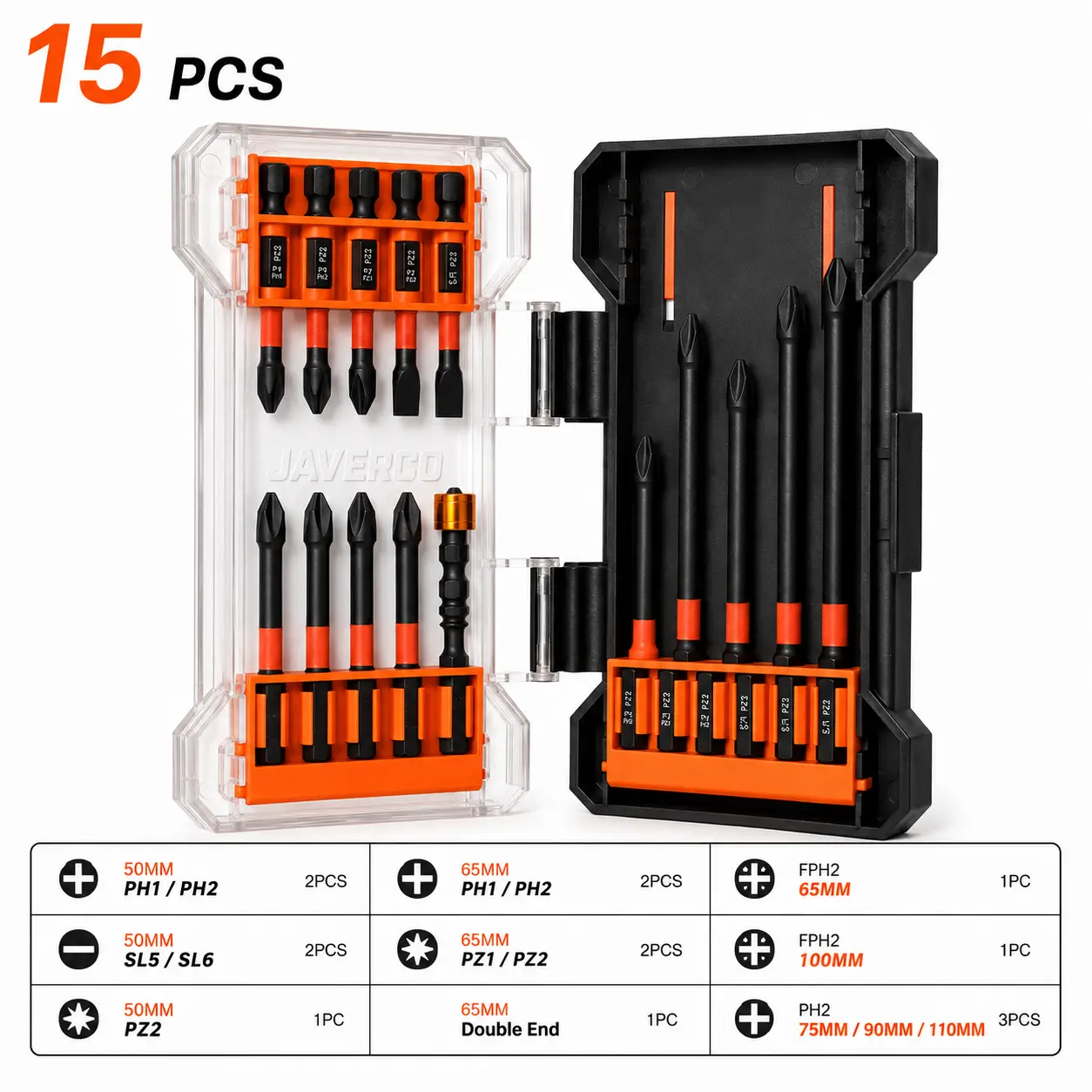 JAVERCO Screwdriver Bit Set, 15 PCS S2 Steel 1/4" Hex Shank Bits with Magnetic Sleeve and Clear Case for Furniture Assembly