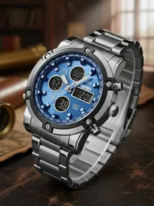 Men's Dual Movement Watch with Pointer & Digital Display, Analog Digital Watch, 4 Function Windows, 30m Waterproof, LED Lighting, Zinc Alloy Case, Stainless Steel Strap