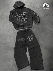 Men's and women's, Fitted styles, Graphic, Streetwear clothing featuring water-washed, distressed black zipper hooded sweatpants and wide-leg pants sets, Y2K trash rock style Crazy World graffiti sportswear, Vintage cotton E-Boy/Girl casual outfits