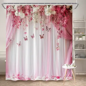 1Pc Spring Butterfly Shower Curtain Floral Design Pink Flower Polyester Fabric Bath Hanging Curtain Bathroom Decor 70.8x70.8 Inch with 12 Hooks for Elegant Bathroom Decor Bathroom Accessory