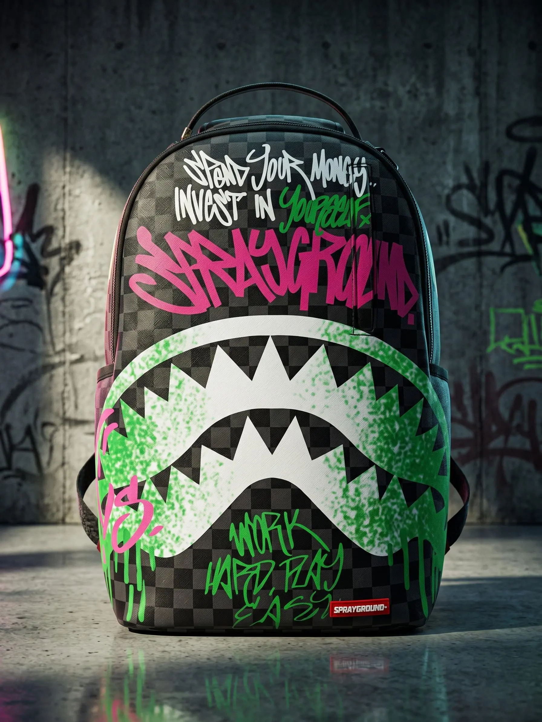 SG Graffiti Shark-Mouth Black Checkerboard Street Art Backpack - Large Capacity Gym Daypack for Men, Sports & Outdoor Travel Use