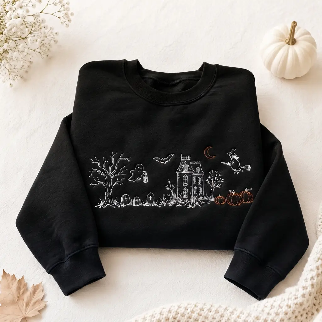 Embroidered Haunted Manor Sweatshirt,  Gothic Autumn Sweater, Vintage Halloween Crewneck, Spooky House Line Art Pullover