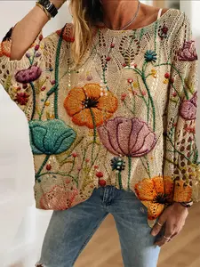 Women's Embroidered Floral Colorblock Knit Top, Long Sleeve, Casual Elegant Vacation Style, Comfortable Breathable Loose Fit, Spring Summer Fall Fashion, Knitted Tops