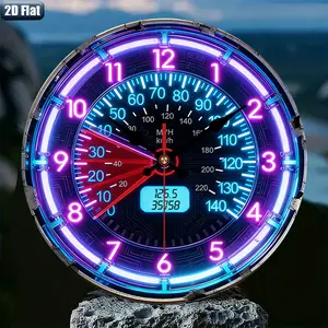 2D flat design. 1 piece set. Neon illuminated speedometer clock, silent decorative clock, creative clock, Lighted Wall Clock, suitable for bedroom, living room, and office decoration, 25/30cm (excluding AA batteries), 2D flat version