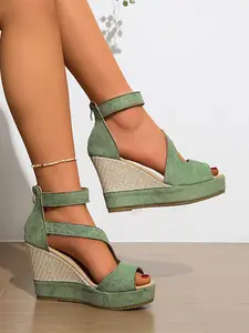 Old Money Casual Wedge Sandals, Plus Size Suede Platform Espadrilles, Elegant Peep Toe Ankle Strap Heels, Comfortable & Stylish Footwear