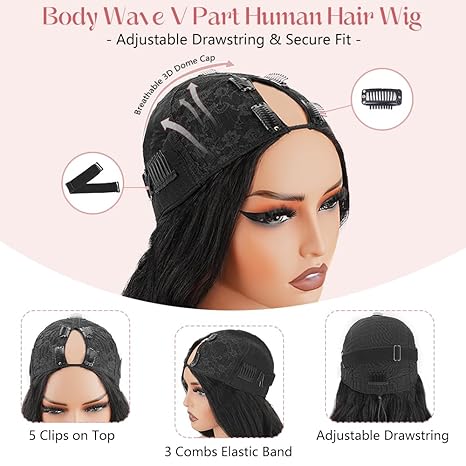 [V Part]Bling Hair V Part Wig Human Hair Body Wave Human Hair Wig With Clips Brazilian 100% Human Hair VPart Wigs Human Hair For Black Women Glueless Beginner Friendly Deep Wave