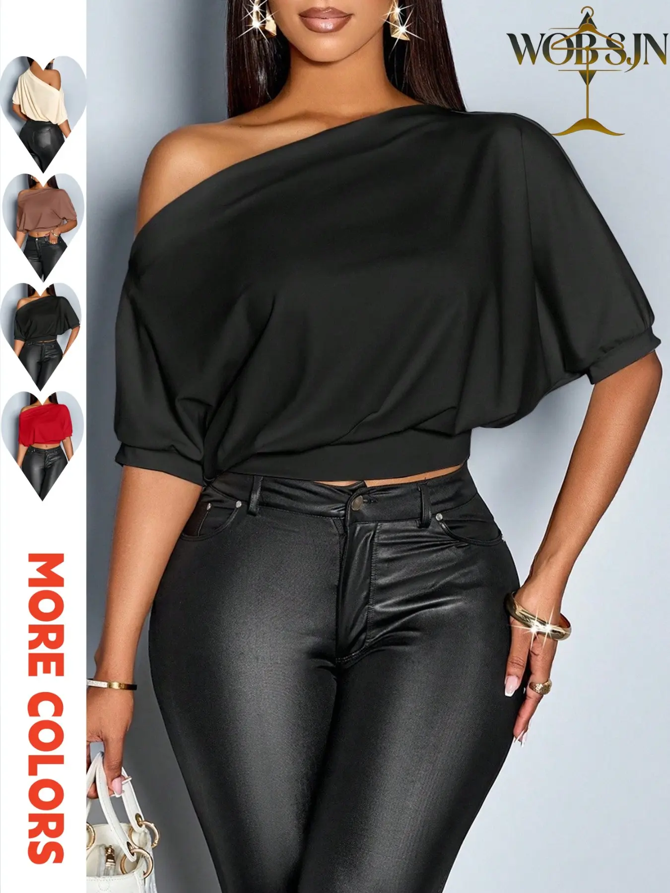 Women's Solid Color Asymmetrical Neckline T-Shirt with Ruffled Shoulders, Stylish Chic Short Batwing Sleeve Top for Casual Everyday Wear, Womenswear