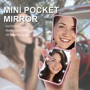 LED Mini Travel Makeup Mirror, 1x/3x Magnification, Compact Foldable Handheld with Light, Dual-Sided, Portable, Cartoon Theme, Ideal Gift