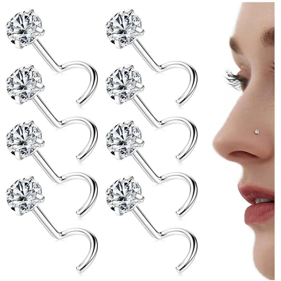 14K  Filled Nose Studs 316L Surgical Steel Nose Rings Studs 6A Cubic Zirconia Corkscrew L Shaped Nose   Nose Rings for Women Men 20G