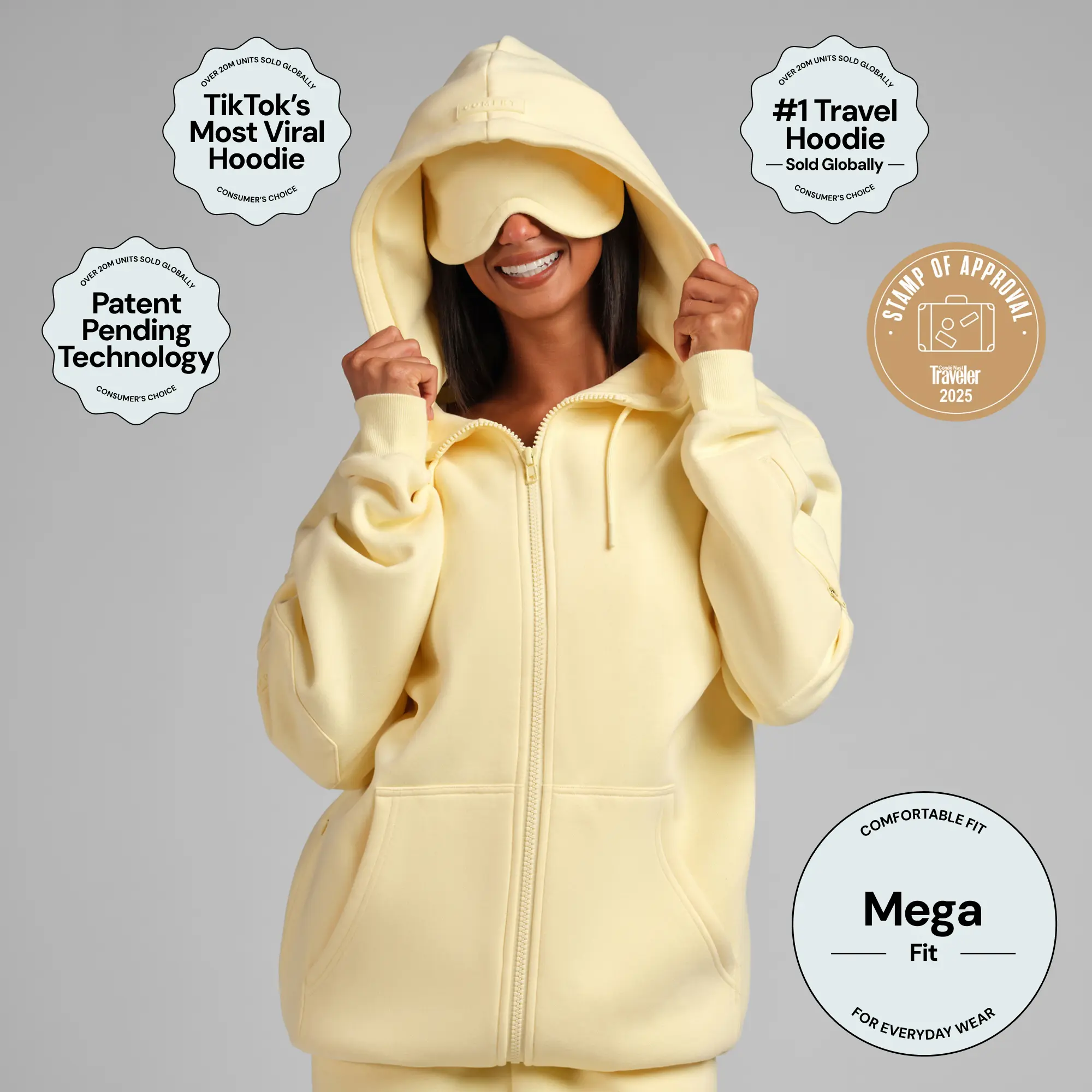 Comfrt | Airplane Mode Travel Zip Hoodie - Mega | Zip Up Hoodie With Eye Mask For Travel & Airport Outfits