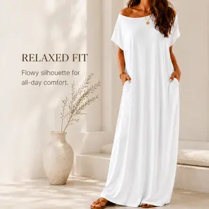 Women’s Oversized Batwing Sleeve Lounge Dress Soft Comfy Loose Fit Maxi Nightdress Casual Short Sleeve Sleepwear with Pockets Breathable Loungewear for Home Daily Wear Womenswear