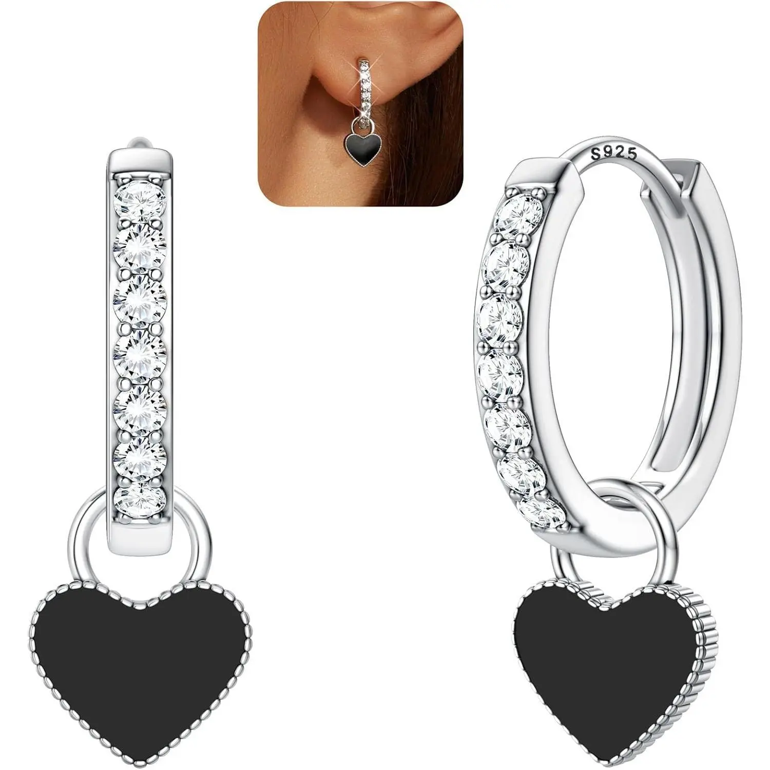 CASSIECA Women's Hypoallergenic Silver Metallic Earrings Set - Dainty Heart Zirconia Huggie Hoops, Heart-Shaped Zirconia CZ Charm Dangle Earrings for Daily Female Summer Wear