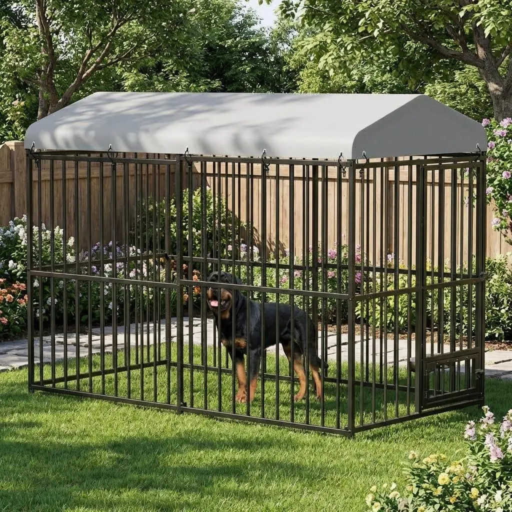 GARVEE 8x4x6 ft Large Outdoor Dog Kennel with Feeding Doors, Large Dog Kennel with Waterproof Roof, Heavy Duty Dog Enclosures for Outdoor Garden Backyard Courtyard Black