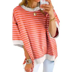 Chvity Women's Organic Polyester Crew Neck Short-Sleeve Oversize Baggy Striped Pullover T-Shirt - Casual Streetwear Top, Women's Clothes