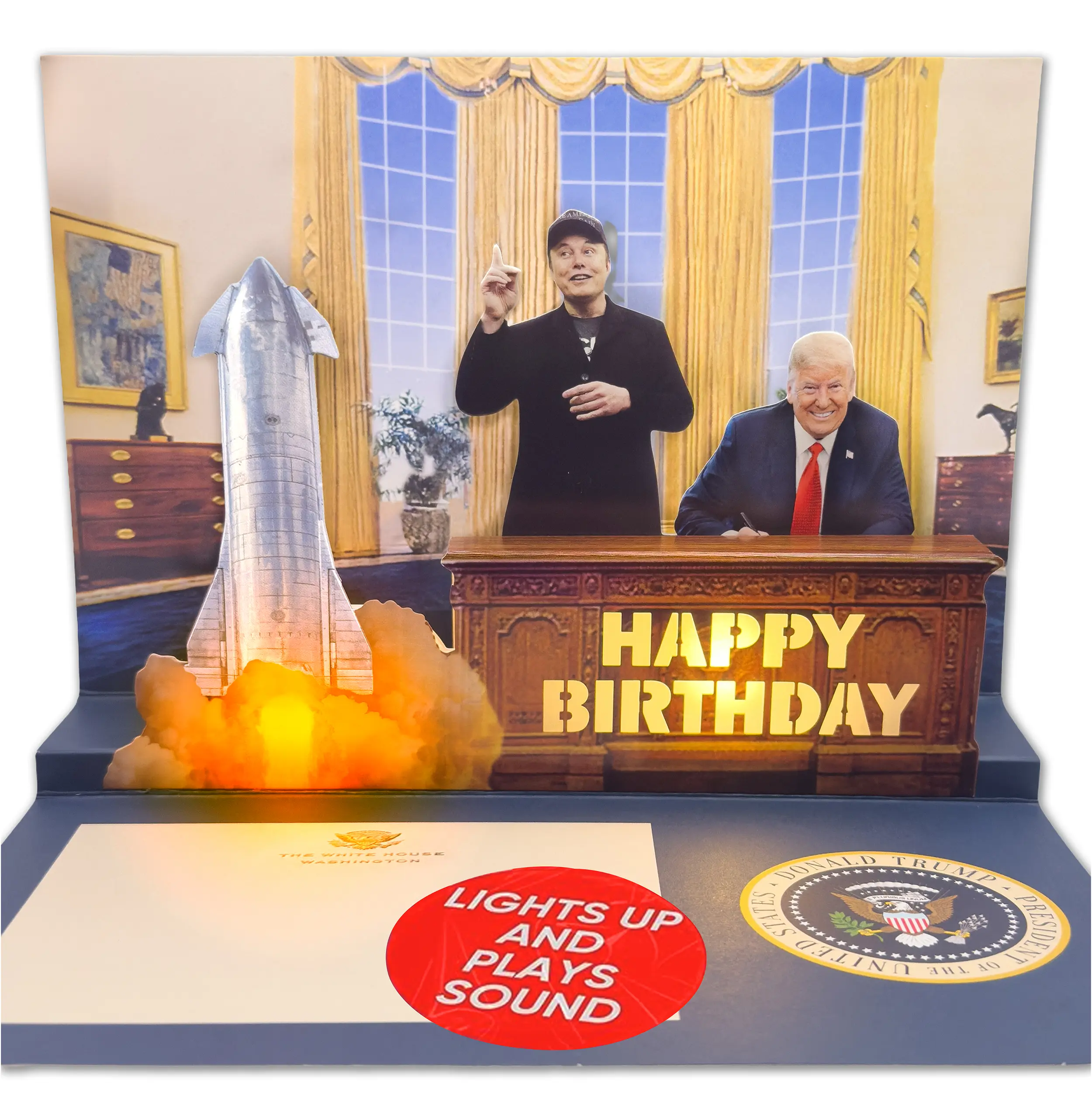 Donald Trump & Elon 3D Popup Talking Birthday Card - Trump's Real Voice, Lights, Music, Oval Office 3D Rocket Scene, Republican Gag Gift for Dad, Americana Greeting Card, 3D Popup Greeting Cards