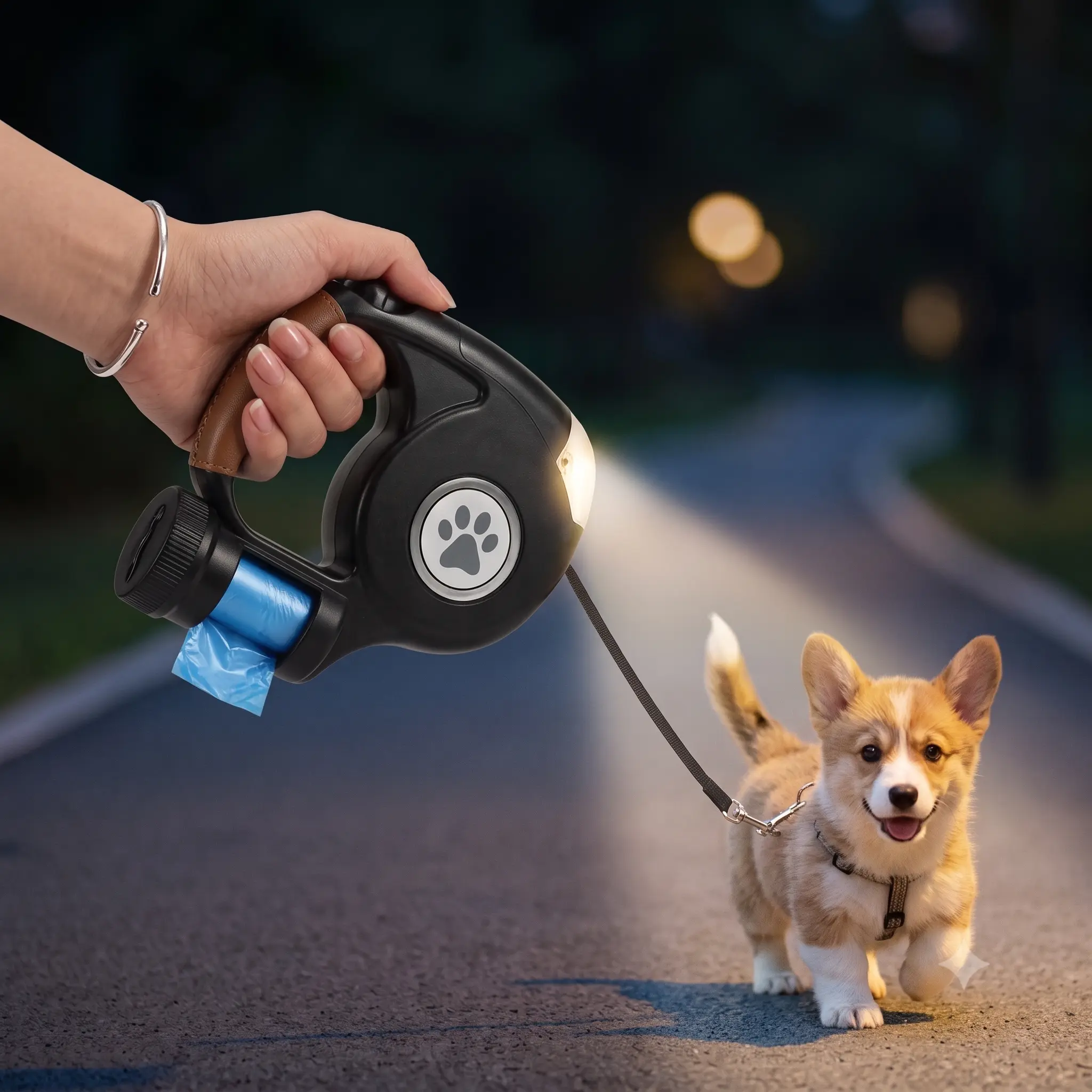 Retractable Dog Leash - Tangle-Free Heavy-Duty Pet Leash with Light, Waste Bag Holder for Night Walking, Small to Medium Dogs, Essential Puppy Accessory