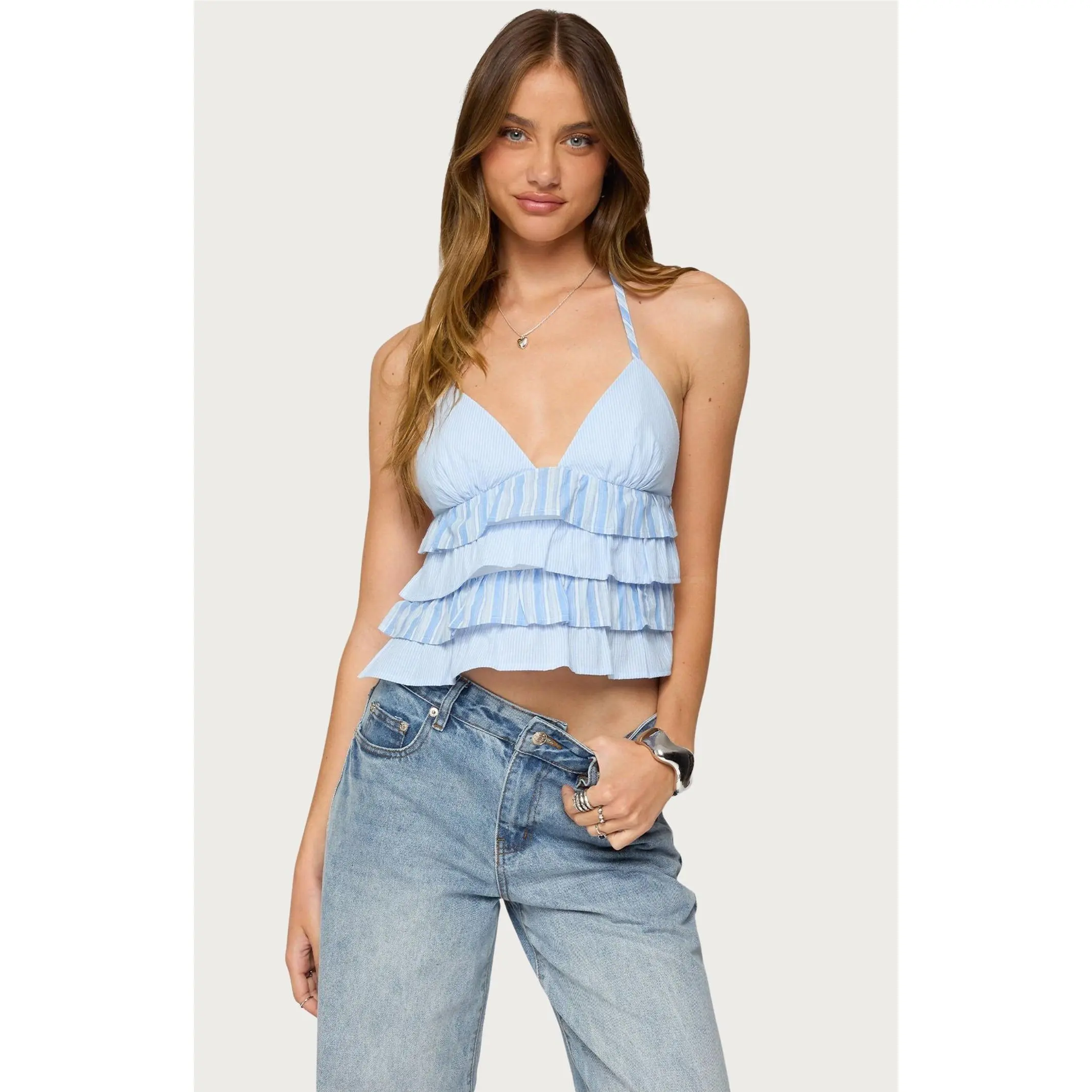 Edikted Women's Tiered Ruffle Backless Striped Halter Top
