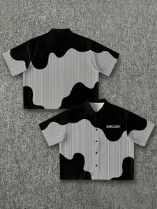 Men's Short Cuban Collar Shirt, Cow Print Patch, Y2K Street Style, Breathable Wrinkle-Resistant Fabric, Casual Loose Fit