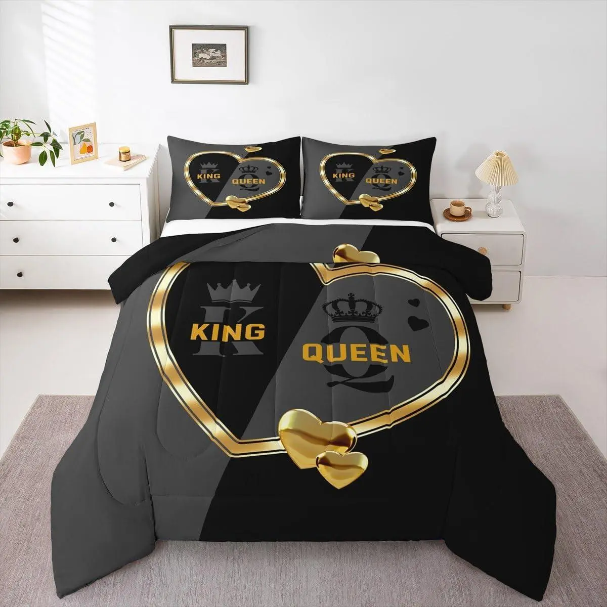 Feelyou Microfiber Comforter Set - Romantic Gold-White Loving Heart, Gray-Black Couple Design, Queen Size Soft Bedding Set with Duvet Insert for Weddings, Adults, Microfiber Bedding Set, Soft Bedding Sets