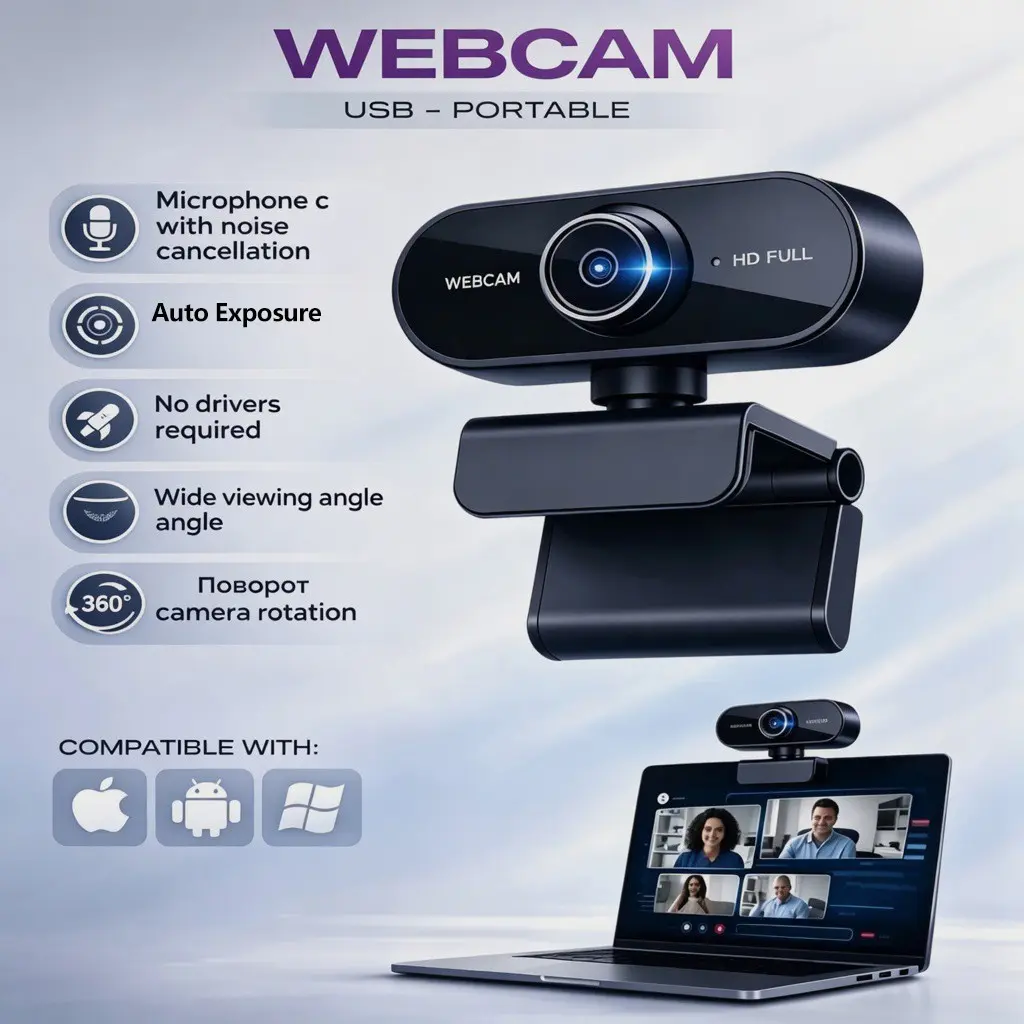 1080p Full HD USB Webcam with Noise-Reducing Microphone, Auto Light Correction, Fixed Focus and 70° Viewing Angle – Perfect for Work Calls, Online Classes, Zoom, Teams and YouTube