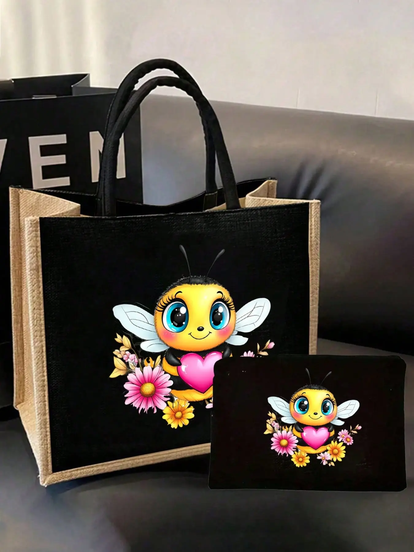 Bee Theme Linen Handbag Set, Women's Multifunctional Shoulder Bag, Large Capacity, Cute Bee Design, Durable, Washable, Portable, Handbag Wallet Set