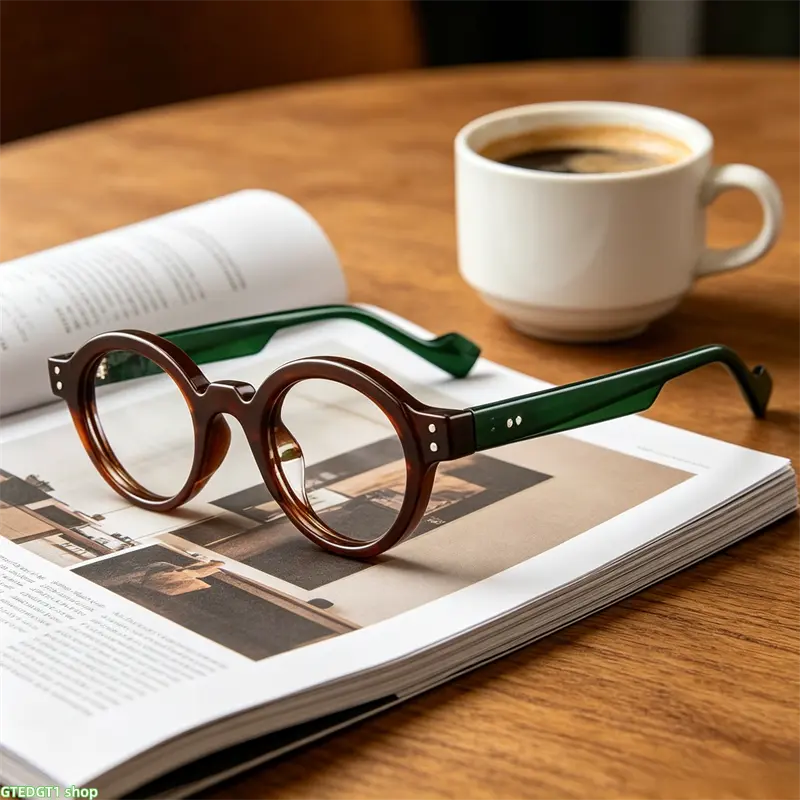 Vintage Round Optical Glasses for Adults, Full-Rim Acetate Black Frame with Tortoiseshell Temples and Hand-Rivet Detail for Work and Study