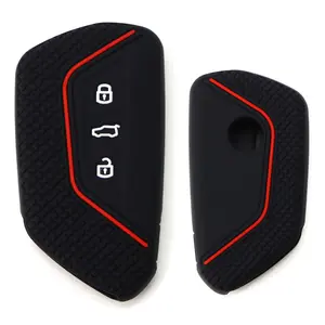 iJDMTOY Black Soft Silicone Key Fob Cover w/Red Stripe For Volkswagen MK8 Golf/GTI, Skoda Octavia with 3/4/5-Button Smart Key
