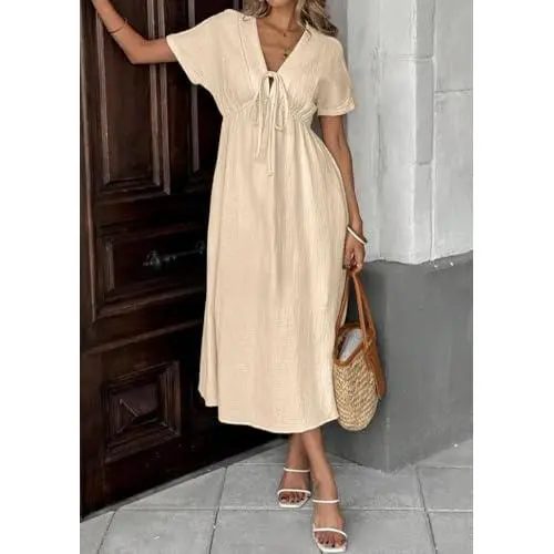 Chouyatou Women's Lightweight Summer Cotton Dress V-Neck Bohemian Casual Loose Short Sleeve Drawstring Beach Dress with Pockets