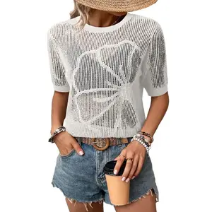 Dokotoo Womens Summer Short Sleeve Crochet Tops Hollow Out Floral Beach Vacation Clothes Cruise Outfits