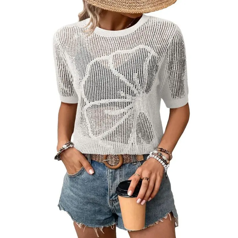 Dokotoo Womens Summer Short Sleeve Crochet Tops Hollow Out Floral Beach Vacation Clothes Cruise Outfits