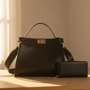 Large Capacity Black Woven Handbag Set -  Tote with Wallet, PU Leather Crossbody/Top Handle Bag for Business & Casual