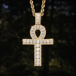 14K Gold Plated Iced Out Channel set Ankh Necklace
