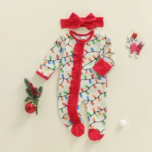 Newborn Baby Girl Christmas Romper Lights String Print Long Sleeve Zip Up Round Neck Footed Jumpsuit with Headband