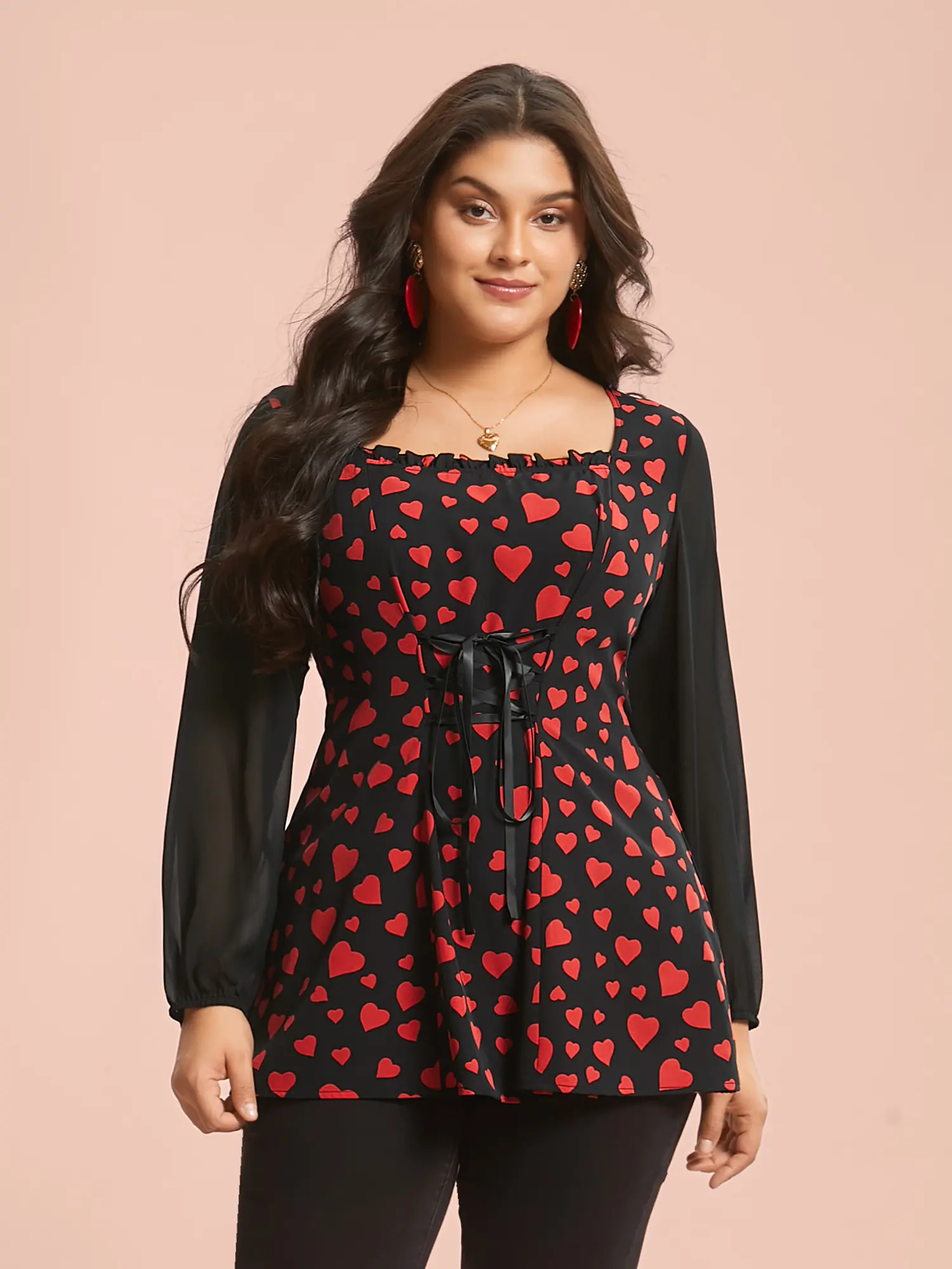 BloomChic Plus Size Women's Heart Print Patchwork Waist-Tie Blouse Garment - Square Neck, Long Sleeve, Neck-Lengthening, Smooth Fit Spandex Polyester Fabric, Romantic Summer Turn-Up Tunic Shirts, Cute Tops for Women [M-6X], Summerfinds, Black