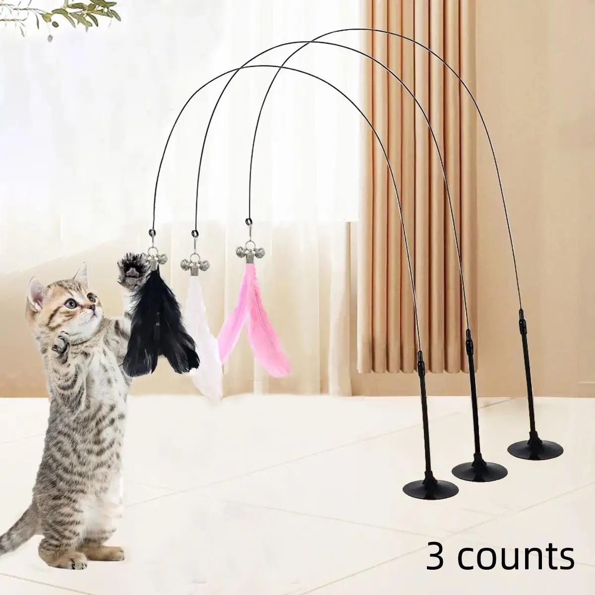 Suction Cup Design Cat Teaser Toy, 3 Counts/set Portable Cat Teaser Toy, Interactive Cat Teaser Toy, Pet Supplies for Indoor and Outdoor Playing, Gift