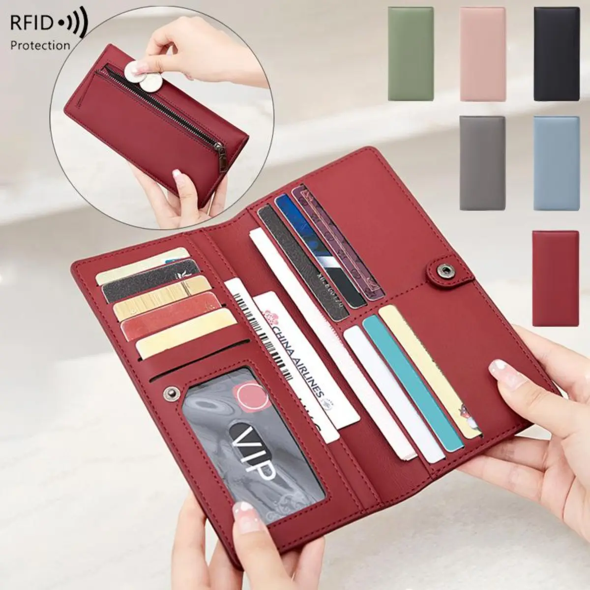 Women's 2026 New RFID Blocking Anti-Theft PU Leather Long Wallet, Simple Solid Color Zipper Credit Card Bag, Wallets for Women with RFID Blocking Protection, Pu Leather Wallet