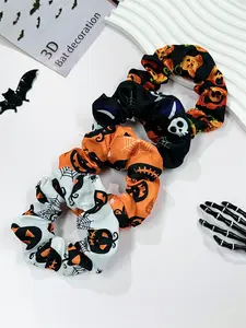 Halloween Themed Hair Ties, Cute Pumpkin & Skull Print Hair Scrunchies, Fashion Hair Accessories for Women & Girls